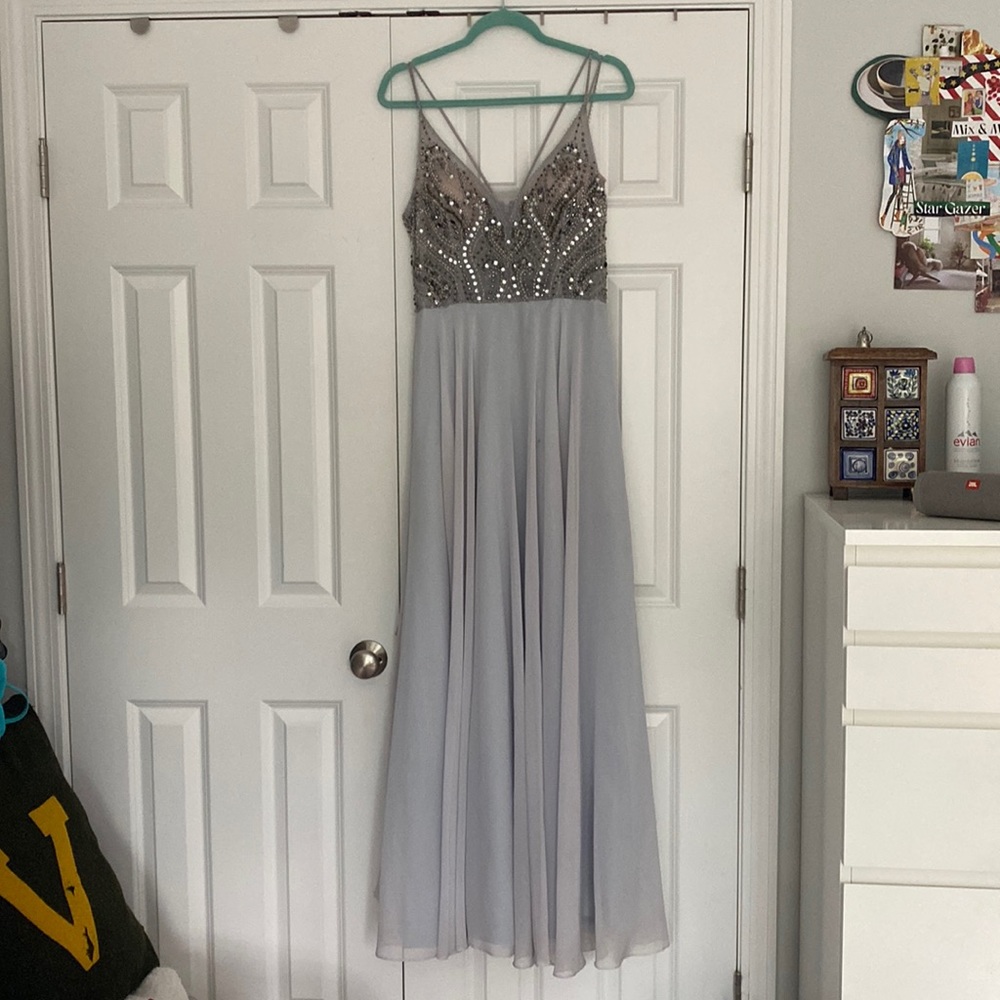 Light blue/purple embroidered and sequenced prom dress